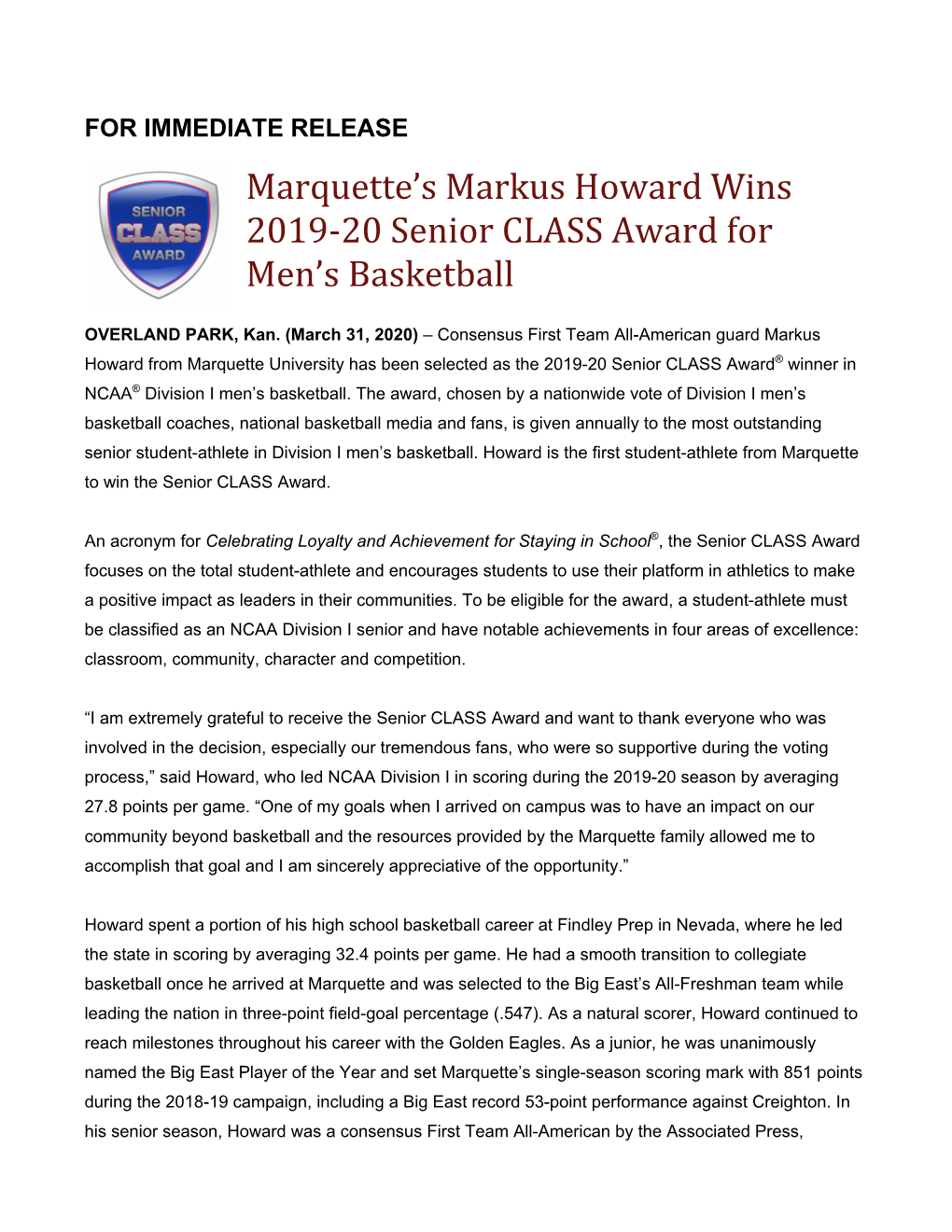 Marquette's Markus Howard Wins 2019-20 Senior CLASS Award For