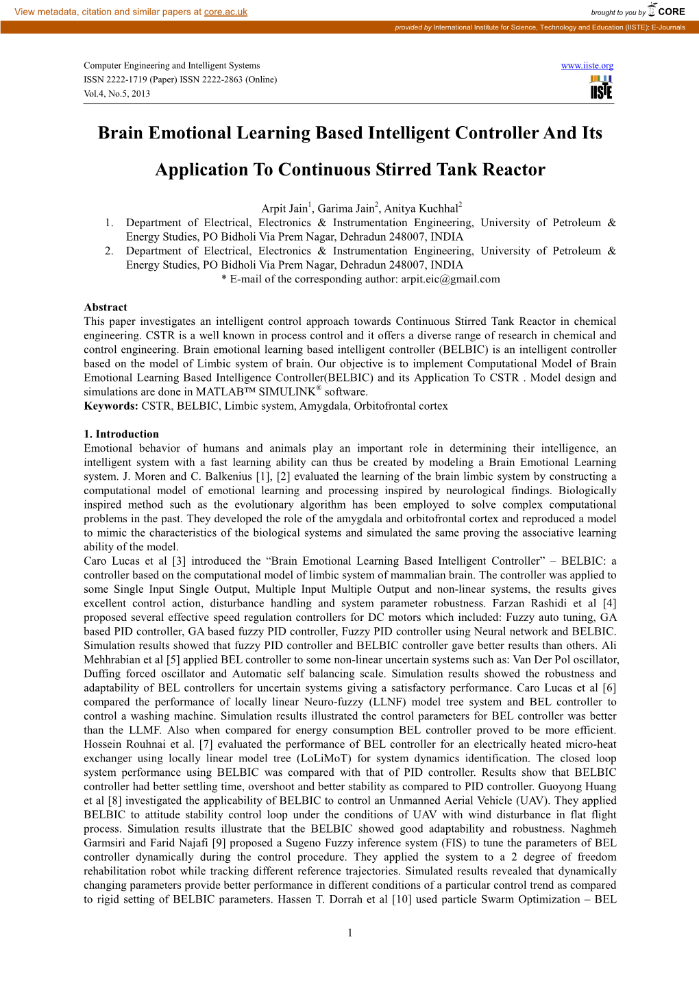 Brain Emotional Learning Based Intelligent Controller and Its Application to Continuous Stirred Tank Reactor