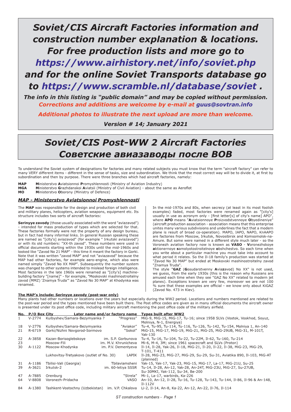 Soviet/CIS Aircraft Factories Information and Construction Number Explanation & Locations