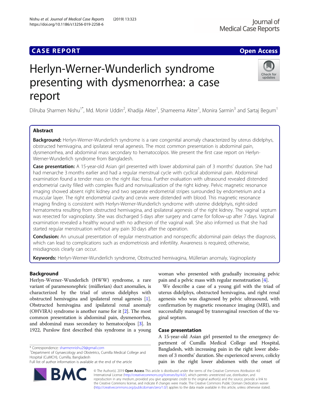 Herlyn-Werner-Wunderlich Syndrome Presenting with Dysmenorrhea: a Case Report Dilruba Sharmen Nishu1*, Md