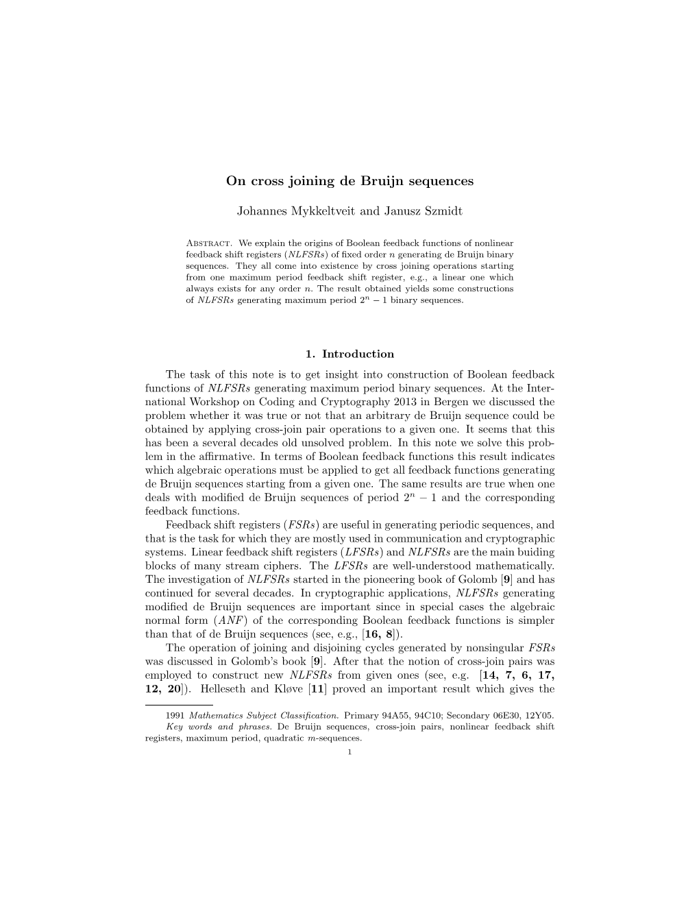 On Cross Joining De Bruijn Sequences