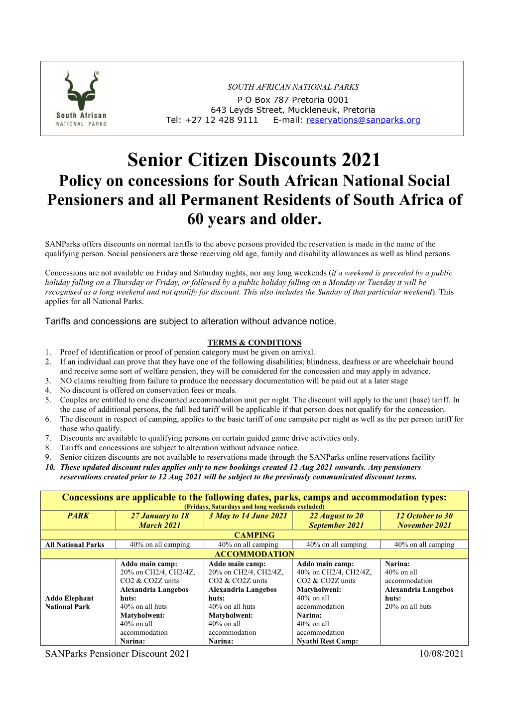 Senior Citizen Discounts 2021 Policy on Concessions for South African National Social Pensioners and All Permanent Residents of South Africa of 60 Years and Older