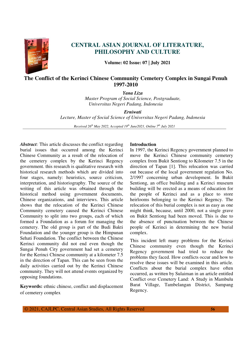 The Conflict of the Kerinci Chinese Community Cemetery Complex in Sungai Penuh 1997-2010