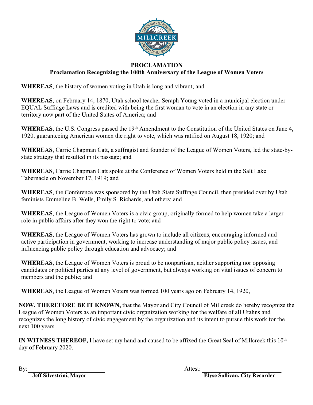Proclamation Recognizing the League of Women Voters 100Th