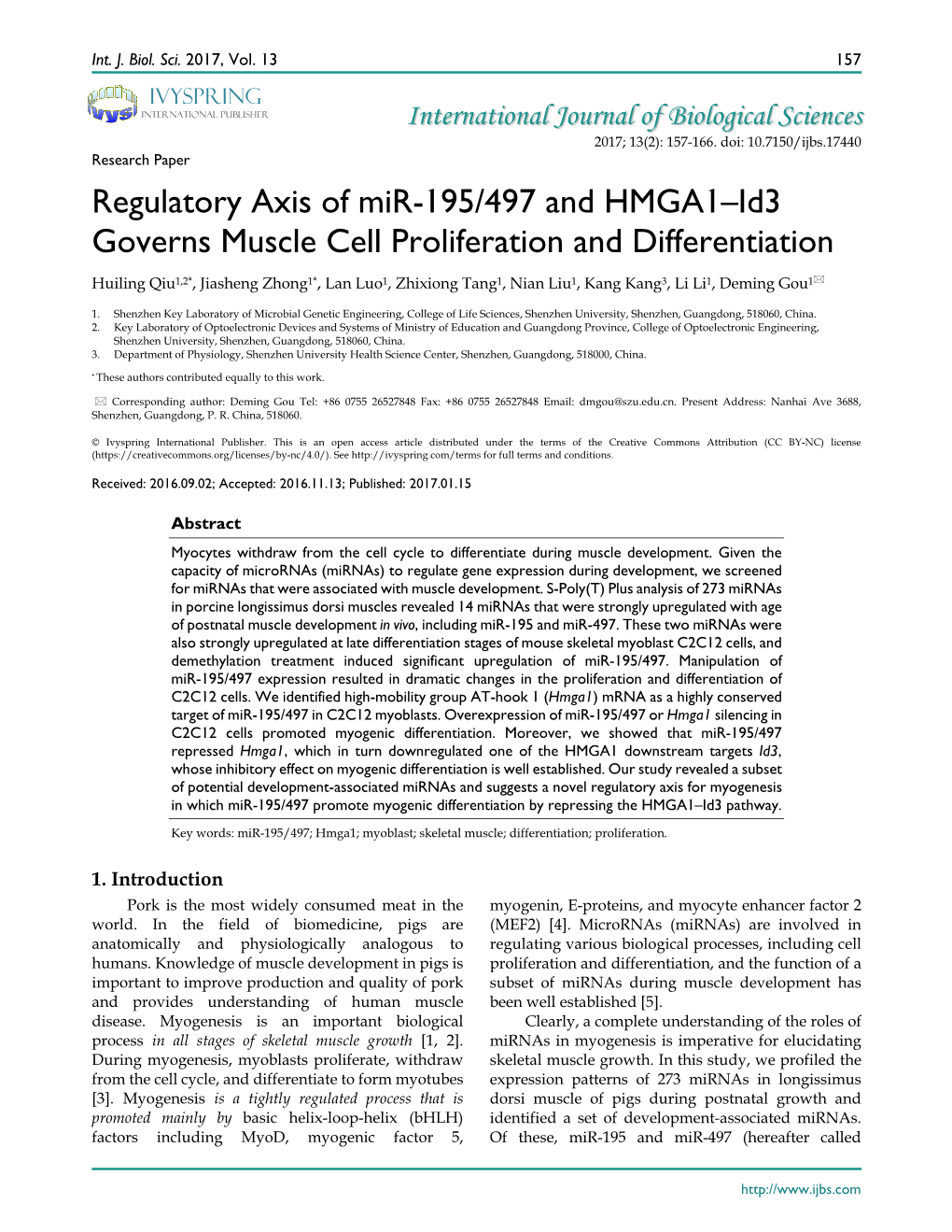 Regulatory Axis of Mir-195/497 and HMGA1–Id3 Governs Muscle Cell