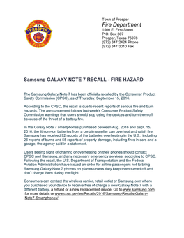 Samsung GALAXY NOTE 7 RECALL - FIRE HAZARD