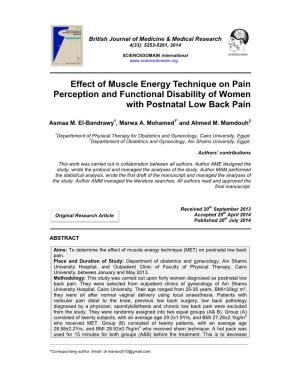 Effect of Muscle Energy Technique on Pain Perception and Functional Disability of Women with Postnatal Low Back Pain