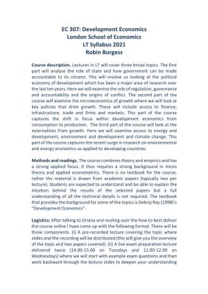 EC 307: Development Economics London School of Economics LT Syllabus 2021 Robin Burgess