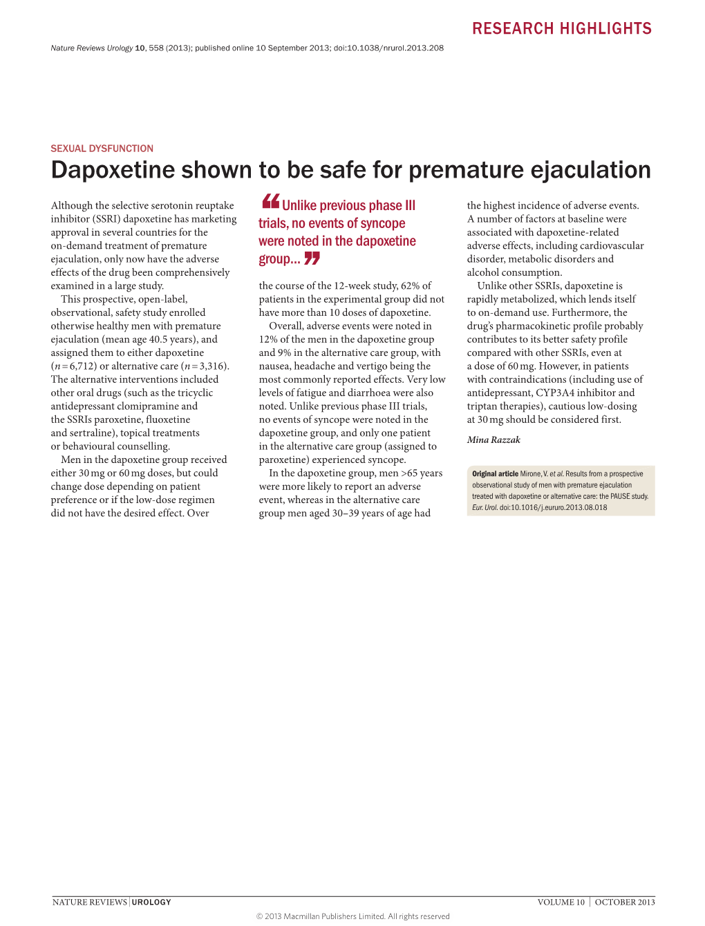 Dapoxetine Shown to Be Safe for Premature Ejaculation