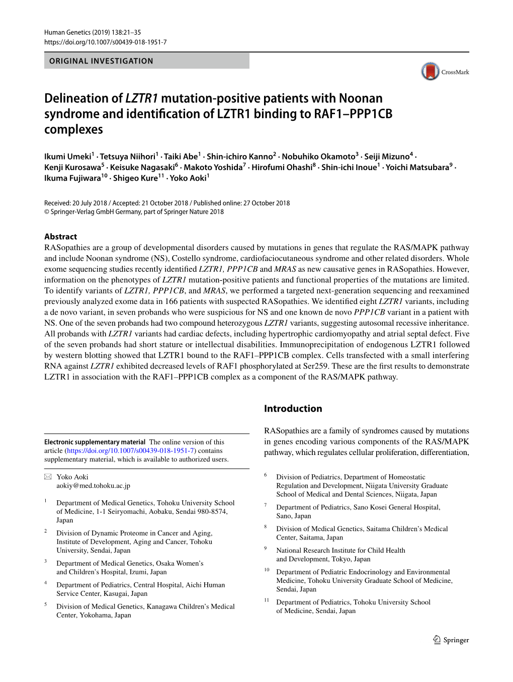 Delineation of LZTR1 Mutation-Positive Patients with Noonan Syndrome and Identification of LZTR1 Binding to RAF1–PPP1CB Complexes