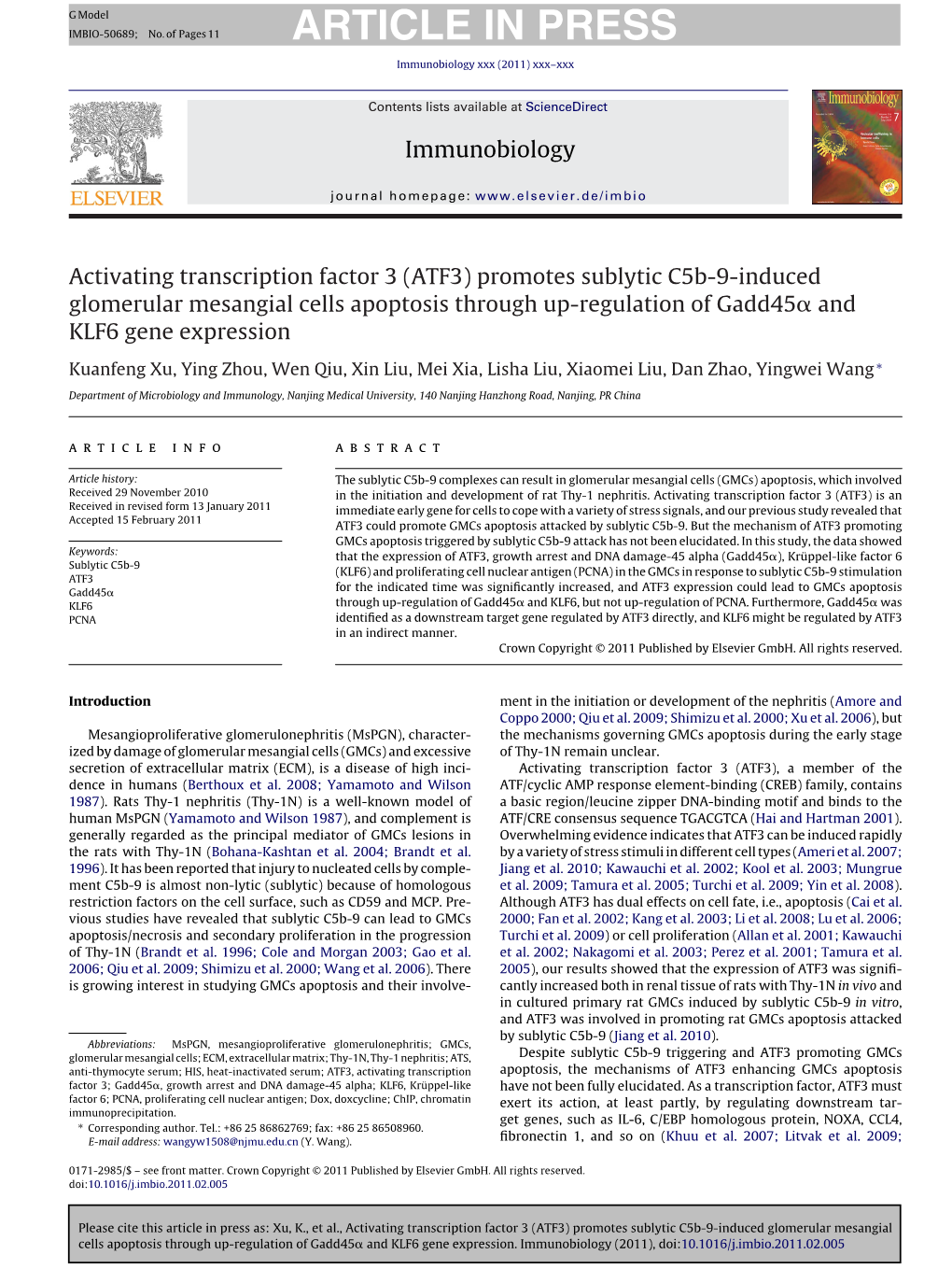 Activating Transcription Factor 3 (ATF3) Promotes Sublytic C5b-9-Induced