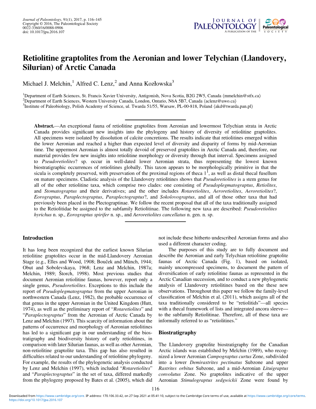 Retiolitine Graptolites from the Aeronian and Lower Telychian (Llandovery, Silurian) of Arctic Canada