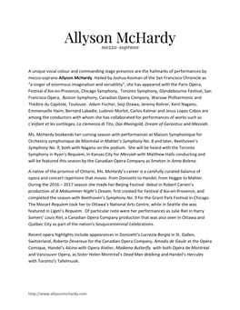 A Unique Vocal Colour and Commanding Stage Presence Are the Hallmarks of Performances by Mezzo‐Soprano Allyson Mchardy