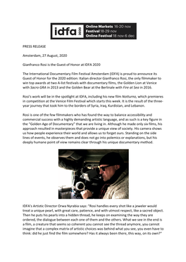 PRESS RELEASE Amsterdam, 27 August, 2020 Gianfranco Rosi Is the Guest of Honor at IDFA 2020 the International Documentary