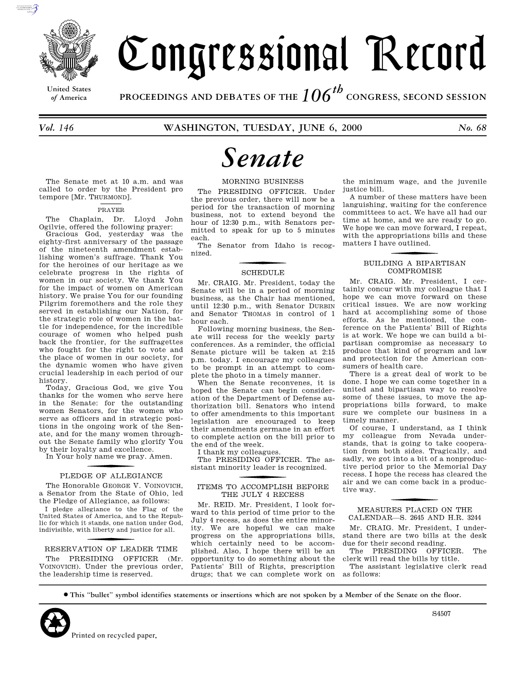 Congressional Record United States Th of America PROCEEDINGS and DEBATES of the 106 CONGRESS, SECOND SESSION