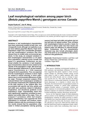 Leaf Morphological Variation Among Paper Birch (Betula Papyrifera Marsh.) Genotypes Across Canada