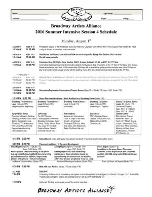 Broadway Artists Alliance 2016 Summer Intensive Session 4 Schedule