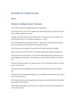 Alcoholedu for College Transcript Part 1 Module 1: Getting Started