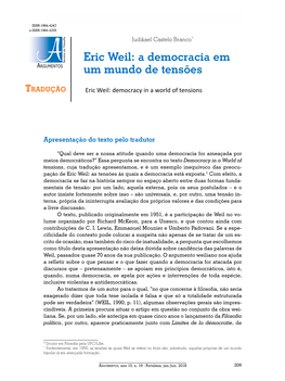 Eric Weil: a Democracia Em Um Mundo De Tensões - Judikael Castelo Branco ISSN:1984-4247 E-ISSN:1984-4255 Judikael Castelo Branco*