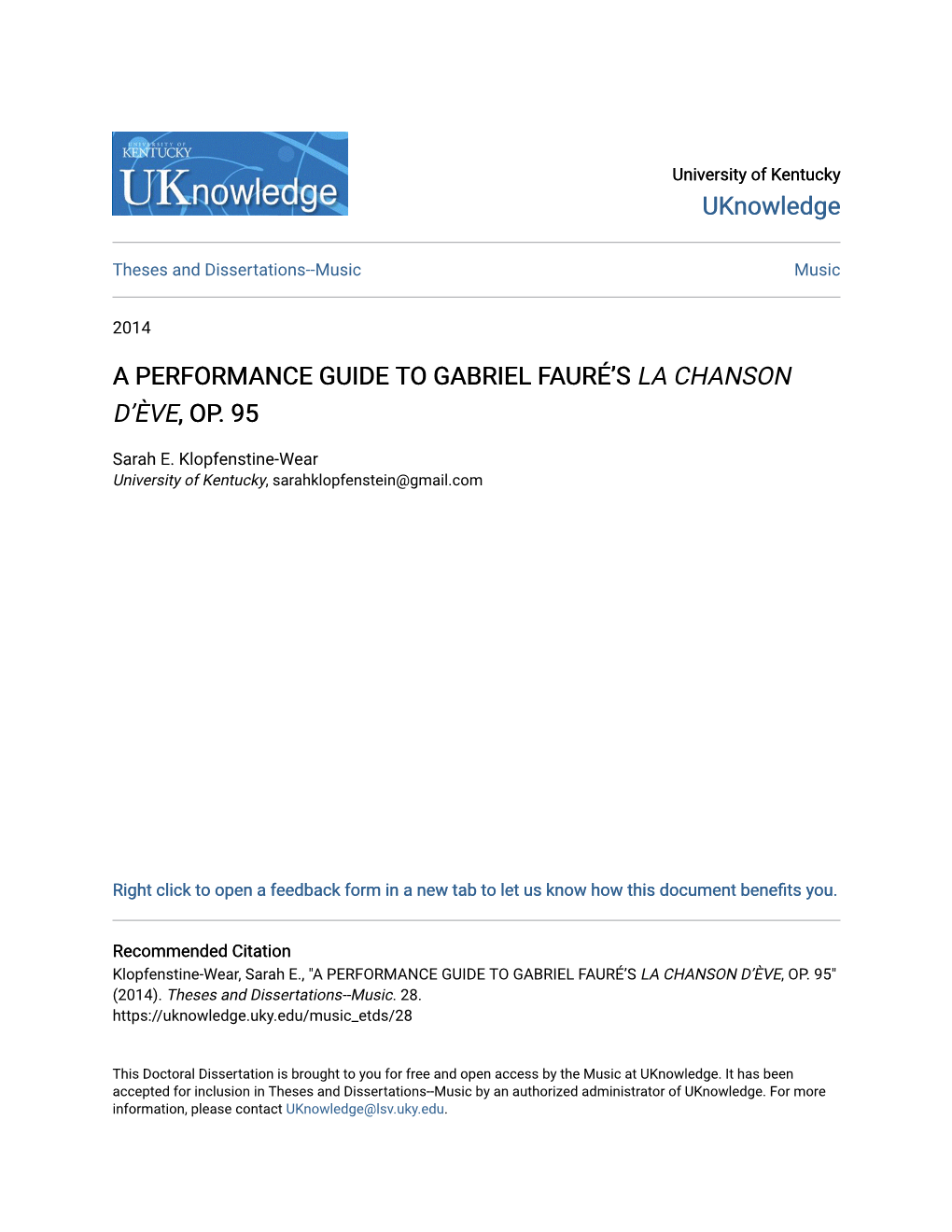 A Performance Guide to Gabriel Fauré's La Chanson D'ève, Op