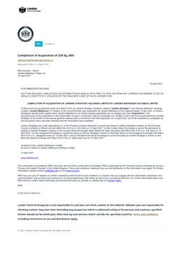 Completion of Acquisition of JSH by JMH JARDINE MATHESON HOLDINGS LD Released 07:00:01 15 April 2021