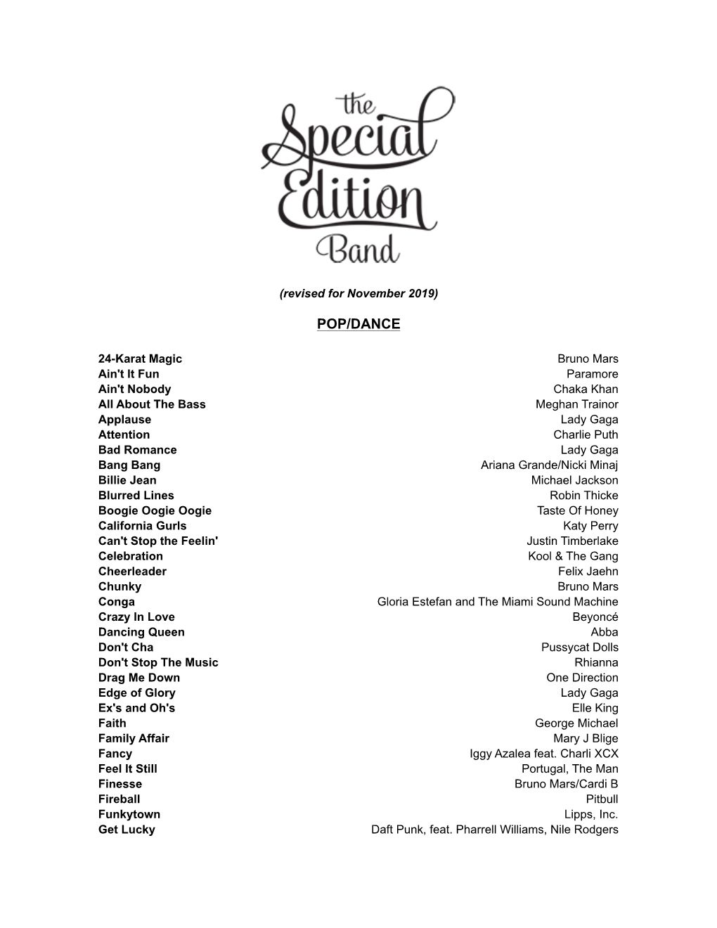 Special Edition Band Songlist