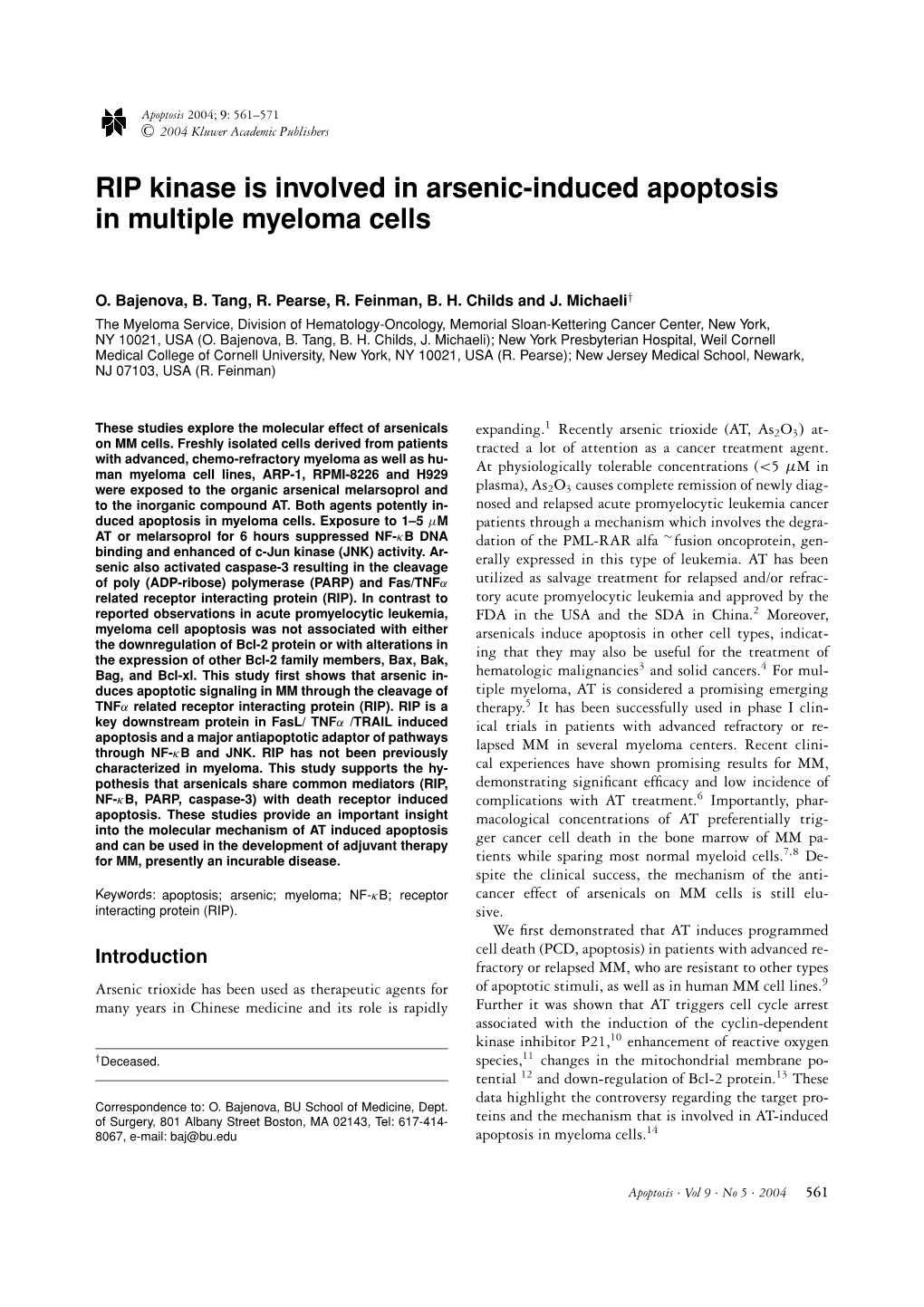 RIP Kinase Is Involved in Arsenic-Induced Apoptosis in Multiple Myeloma Cells