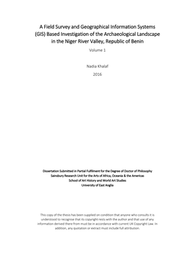 GIS) Based Investigation of the Archaeological Landscape in the Niger River Valley, Republic of Benin Volume 1