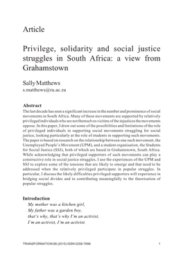 Article Privilege, Solidarity and Social Justice Struggles in South Africa: a View from Grahamstown