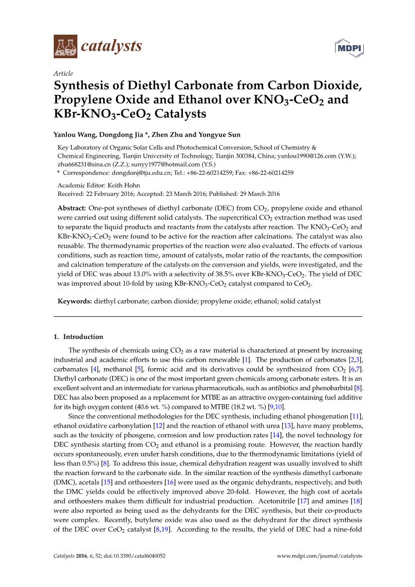 Synthesis of Diethyl Carbonate from Carbon Dioxide, Propylene Oxide and Ethanol Over KNO3-Ceo2 and Kbr-KNO3-Ceo2 Catalysts
