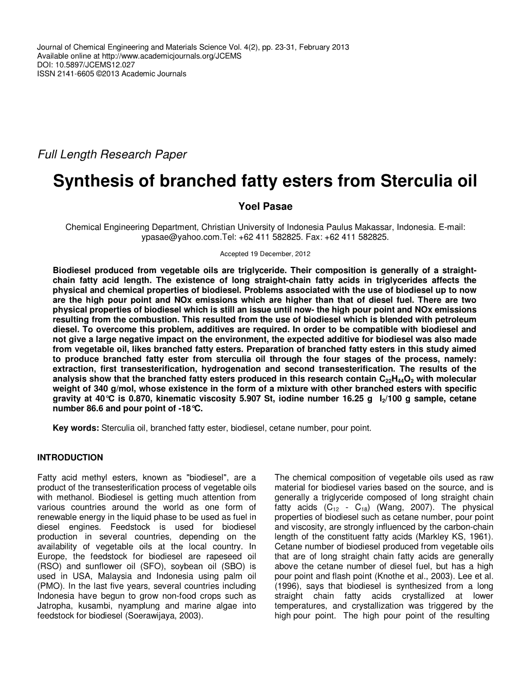 Synthesis of Branched Fatty Esters from Sterculia Oil