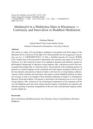 Mahāmaitrī in a Mahāyāna Sūtra in Khotanese ― Continuity and Innovation in Buddhist Meditation