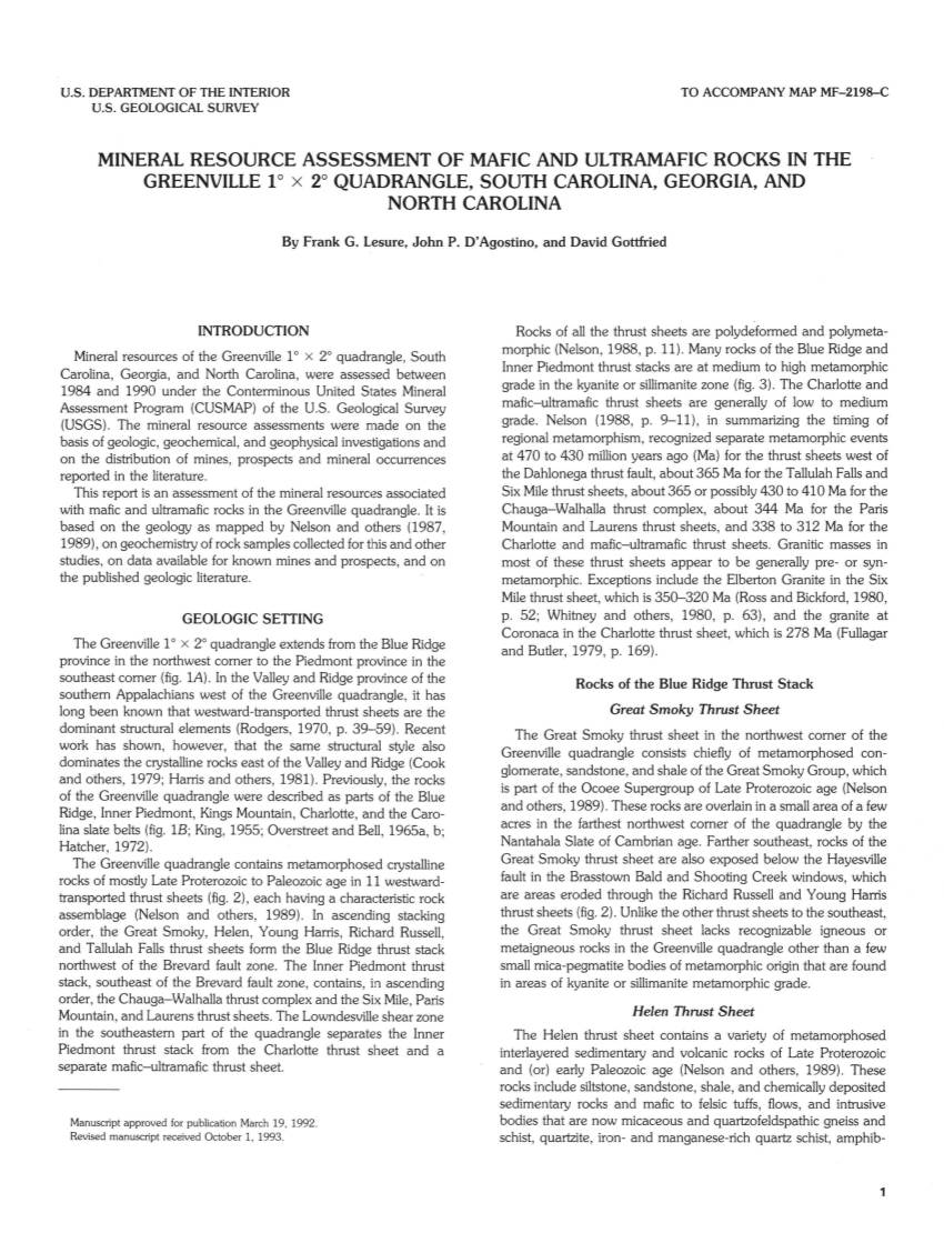 MINERAL RESOURCE ASSESSMENT of MAFIC and ULTRAMAFIC ROCKS in the GREENVILLE 1O X 2° QUADRANGLE, SOUTH CAROLINA, GEORGIA, and NORTH CAROLINA