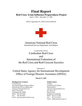Final Report Red Cross Avian Influenza Preparedness Project April 1, 2006 – December 31, 2006