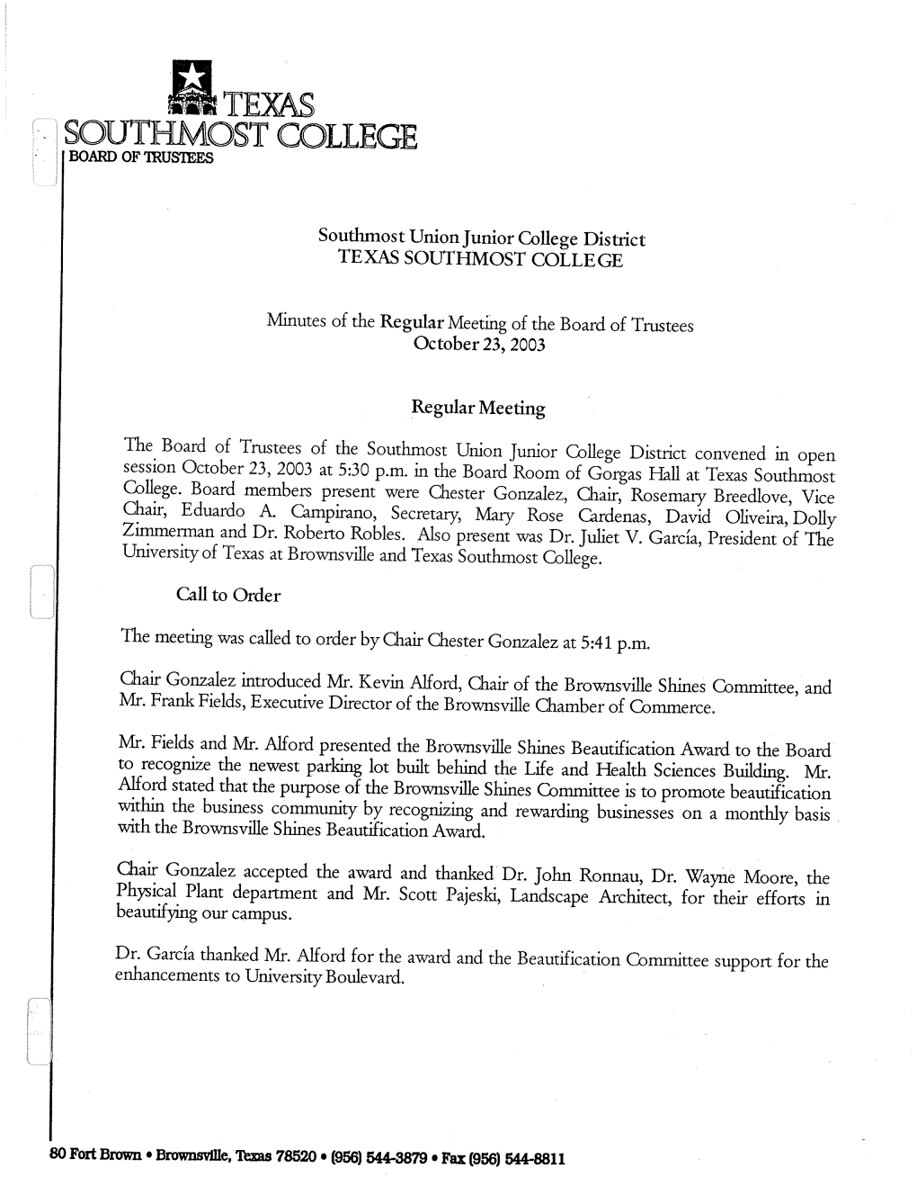 Minutes of the Regular Meeting of the Board of Trustees October 23, 2003