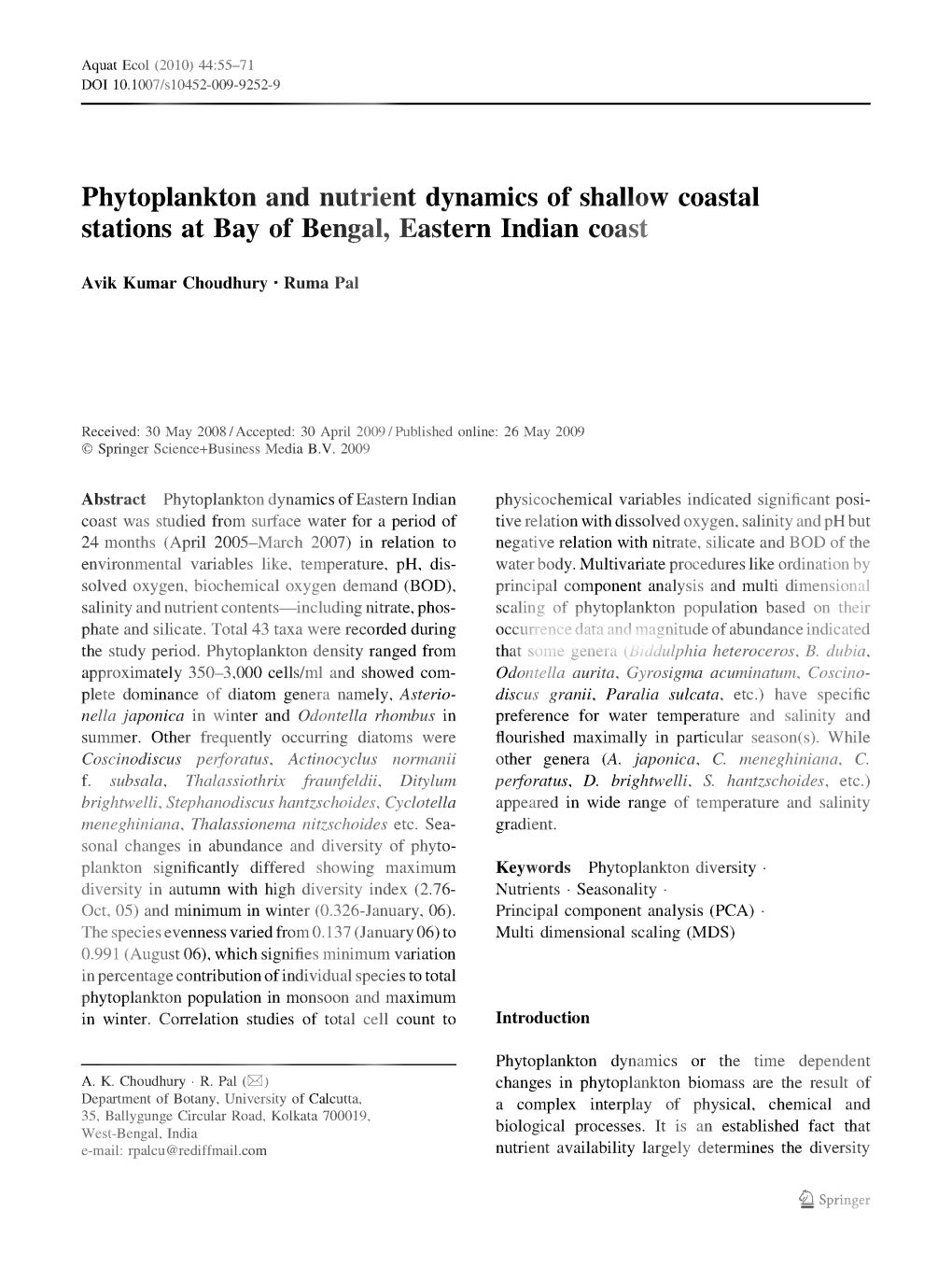 Phytoplankton and Nutrient Dynamics of Shallow Coastal Stations at Bay of Bengal, Eastern Indian Coast