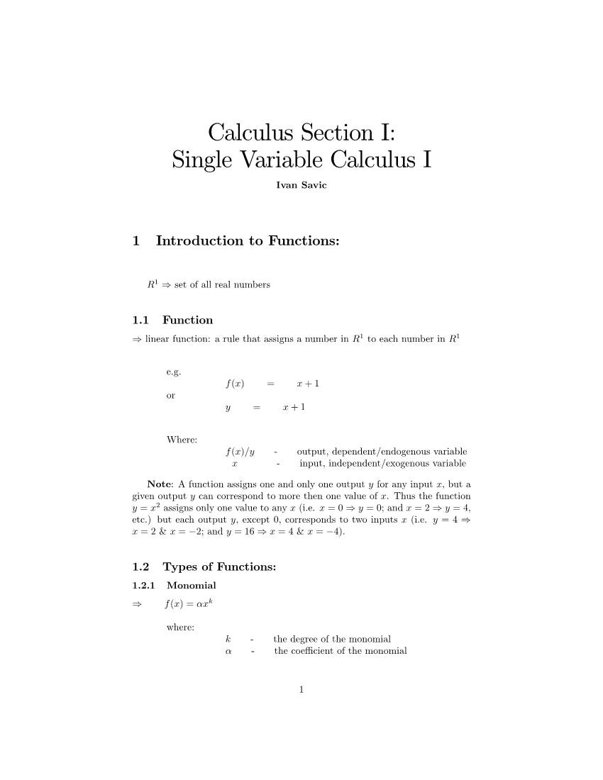 Calculus Section I: Single Variable Calculus I Ivan Savic