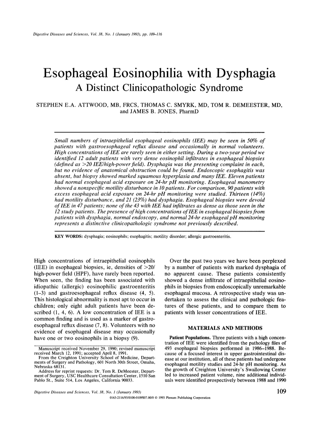 Esophageal Eosinophilia with Dysphagia a Distinct Clinicopathologic Syndrome