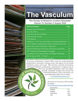 The Vasculum the Society of Herbarium Curators Newsletter Volume 15, Number 2: August 2020 Table of Contents Page Message from the President