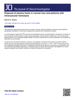 Disposal of Plasma Heme in Normal Man and Patients with Intravascular Hemolysis