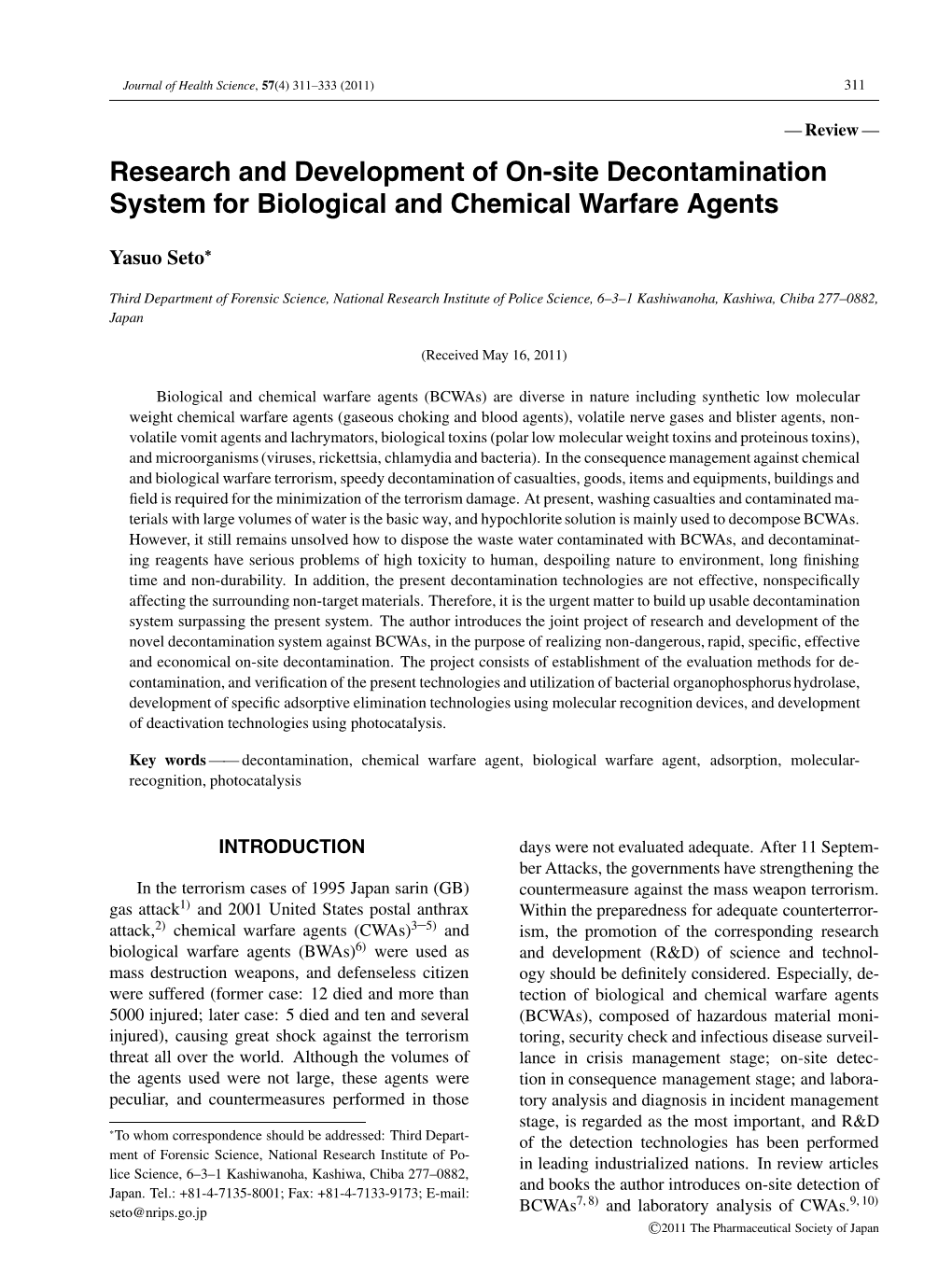 Research and Development of On-Site Decontamination System for Biological and Chemical Warfare Agents