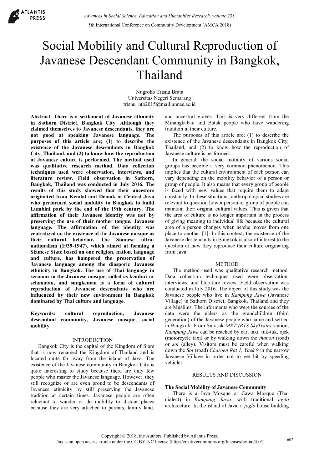 Social Mobility and Cultural Reproduction of Javanese Descendant Community in Bangkok, Thailand