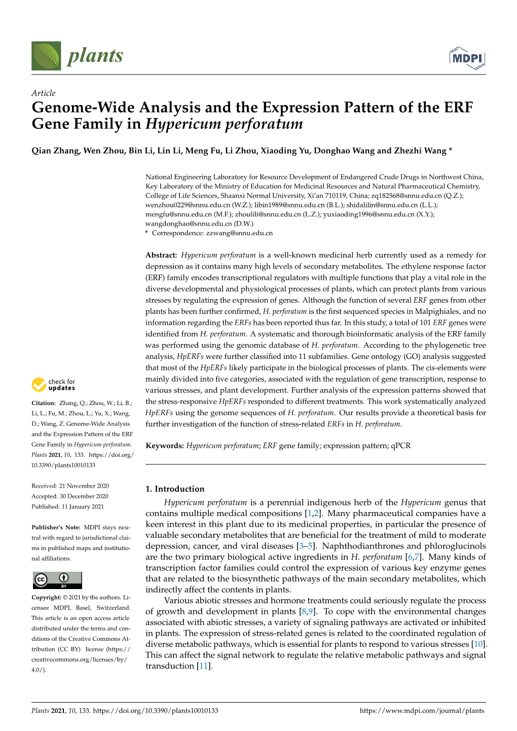 Genome-Wide Analysis and the Expression Pattern of the ERF Gene Family in Hypericum Perforatum