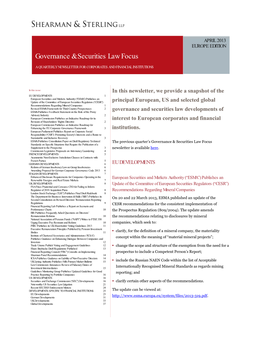 Governance & Securities Law Focus: Europe Edition, April 2013