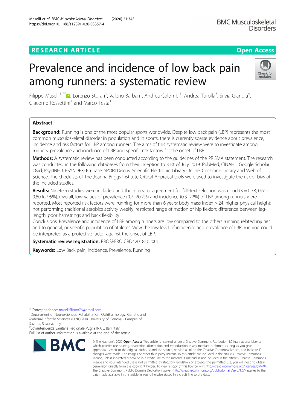 Prevalence and Incidence of Low Back Pain Among Runners