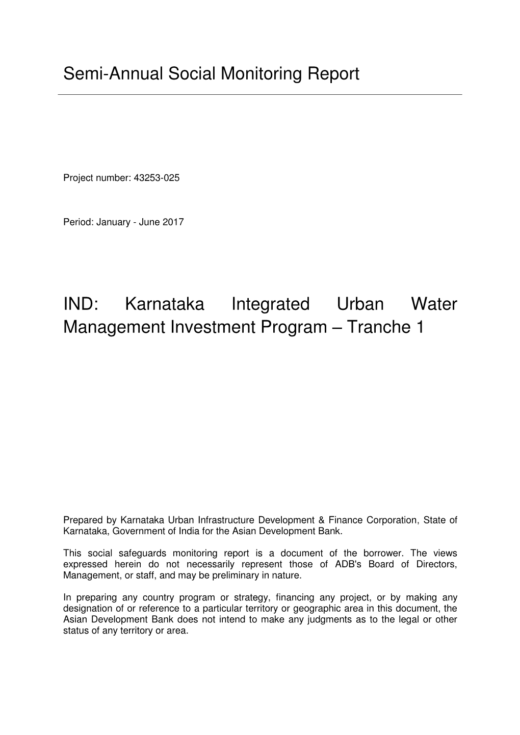 Karnataka Integrated Urban Water Management Investment Program – Tranche 1