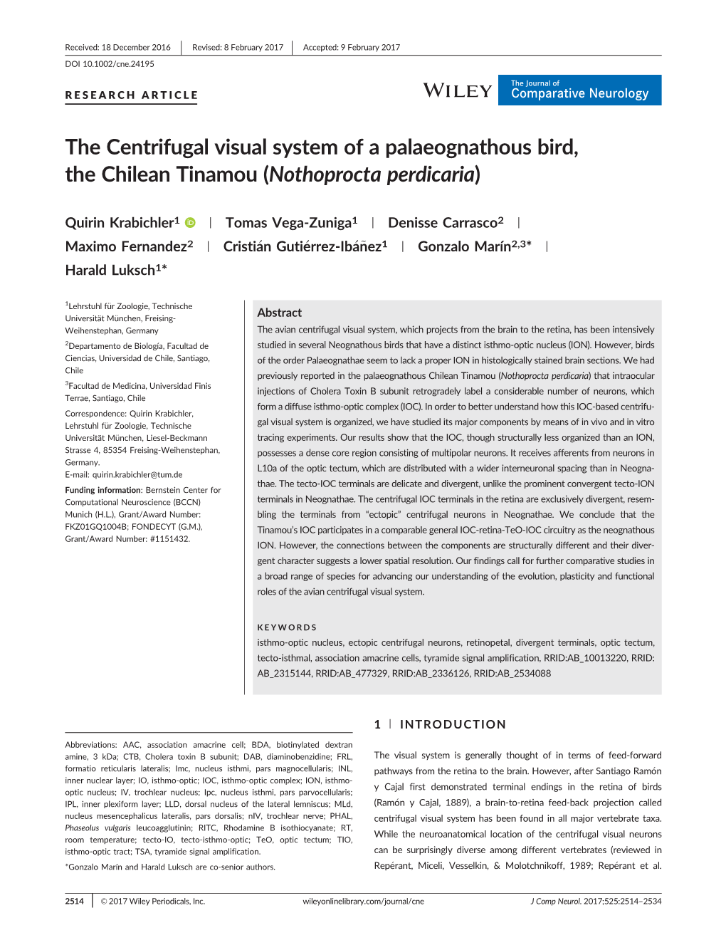 The Centrifugal Visual System of a Palaeognathous Bird, the Chilean Tinamou (Nothoprocta Perdicaria)