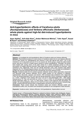 Anti-Hyperlipidemic Effects of Caralluma Edulis (Asclepiadaceae