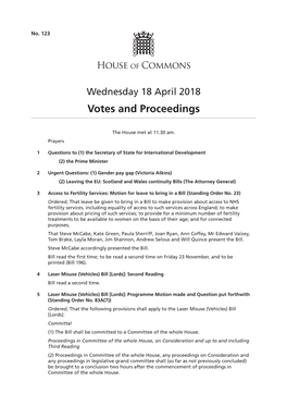 Votes and Proceedings for 18 Apr 2018