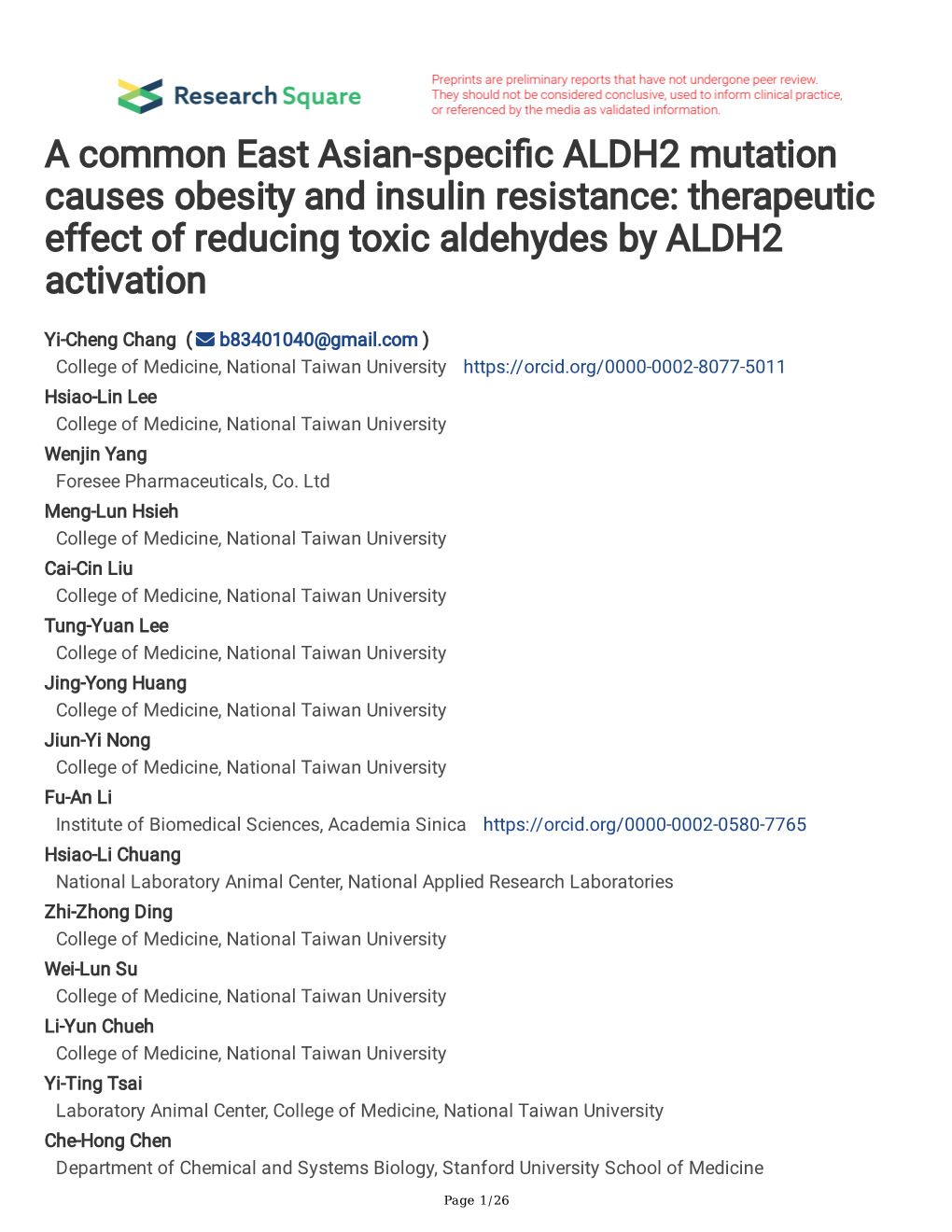 A Common East Asian-Speci C ALDH2 Mutation Causes